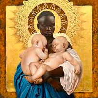 Image of a painting depicting a Black woman in a blue draping garment and white fabric holding two albino Black babies. The background has ornate, golden, circular patterns around the Black woman's head, similar to historical religious paintings.