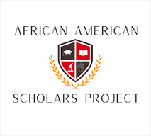 the emblem for the "AFRICAN AMERICAN SCHOLARS PROJECT," which is a crest that has four images on the shield: a graduation cap, an open book, a raised 'Black power' fist, and a microscope. 