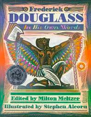 a book cover titled "Frederick Douglass: Prophet of Freedom." The cover features vibrant illustrations with a central image of Frederick Douglass and symbolic representations of fleeing from U.S. slavery, including the North Star and broken chains.